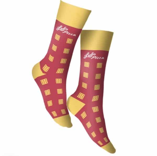 Red and yellow Ledo Pizza Pepperoni Socks side