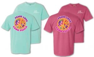 Peace Love Ledo Pizza T-Shirt in blue and pink