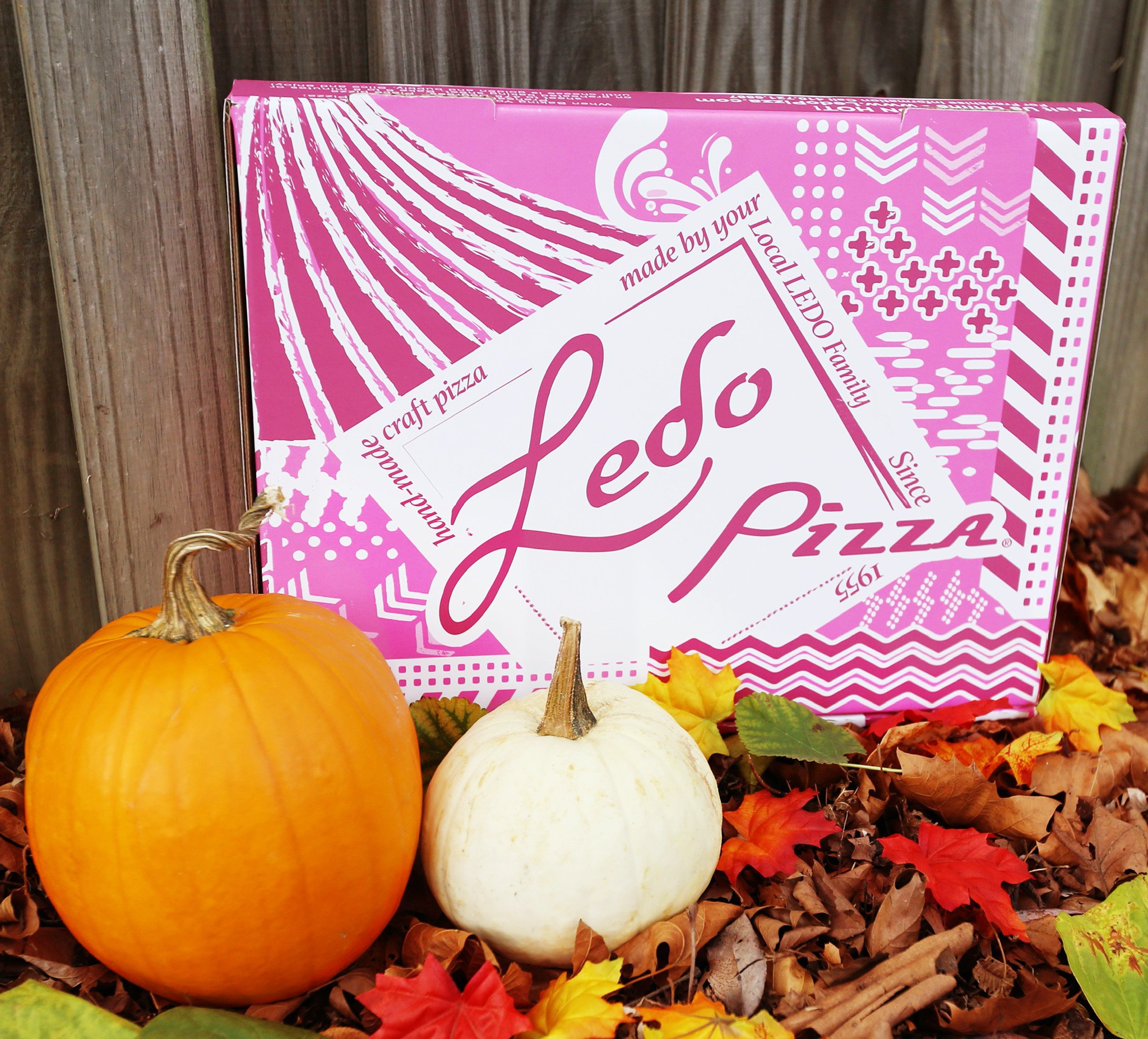 Pink Ledo Pizza Box with pumpkins