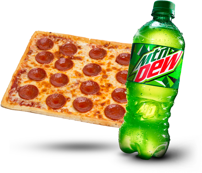 14 Inch Pepperoni Pizza and Mountain Dew Bottle