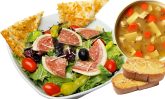 Ledo Italian Salad, Chicken Noodle Soup, and Garlic Bread