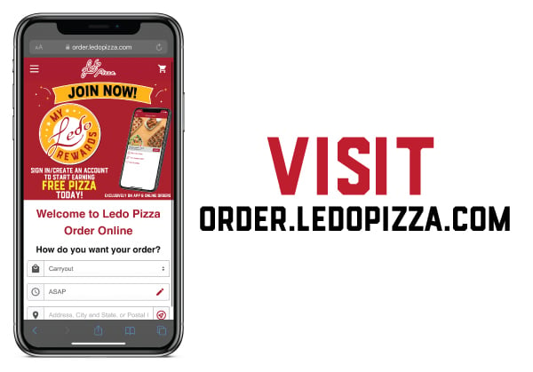 Mobile screenshot explaining how to visit Ledo Pizza on phone