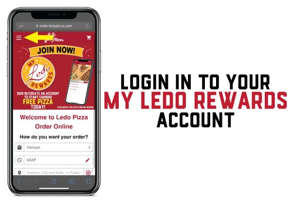 Mobile screenshot showing how to login to your My Ledo rewards account with arrow