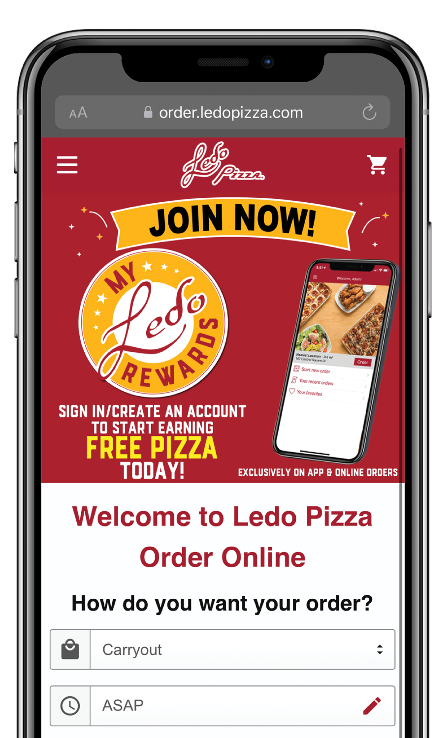 Mobile Phone view of Ledo Pizza's Online Ordering website.