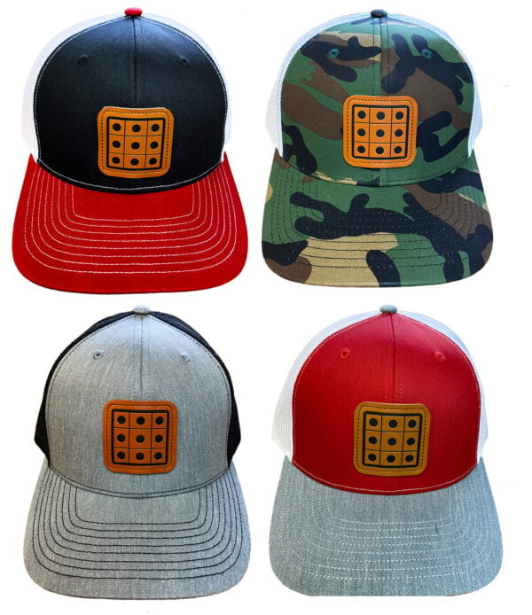 Front of trucker hats with leather patches.