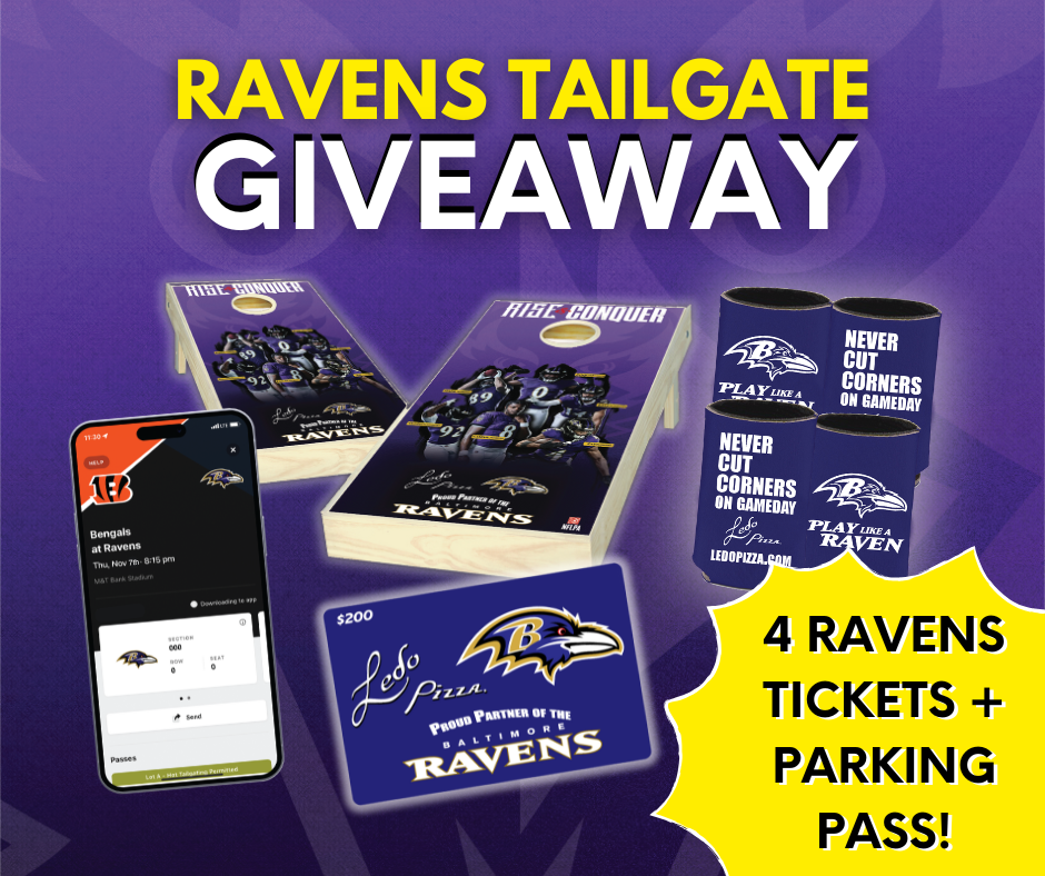 Ravens Tailgate Giveaway with Ledo Pizza and Ravens cornhole set, 4 koozies, $200 Ledo Pizza gift card, and 4 tickets plus parking pass to the Ravens vs Bengals football game