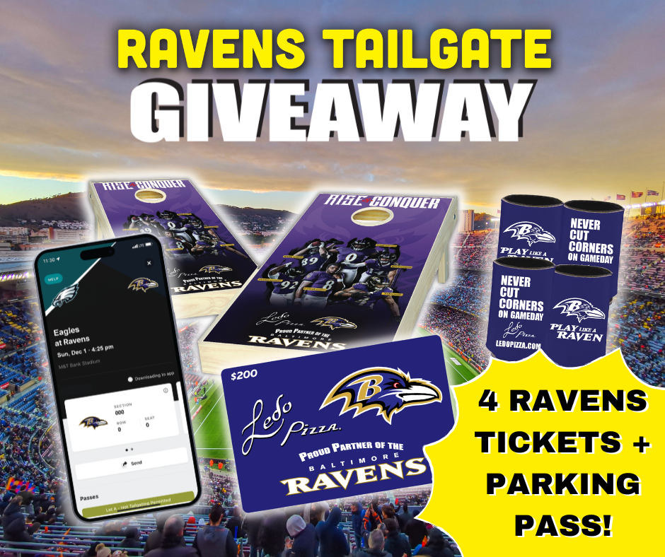 Ravens Tailgate Giveaway with Ledo Pizza and Ravens cornhole set, 4 koozies, $200 Ledo Pizza gift card, and 4 tickets plus parking pass to the Ravens vs Eagles football game